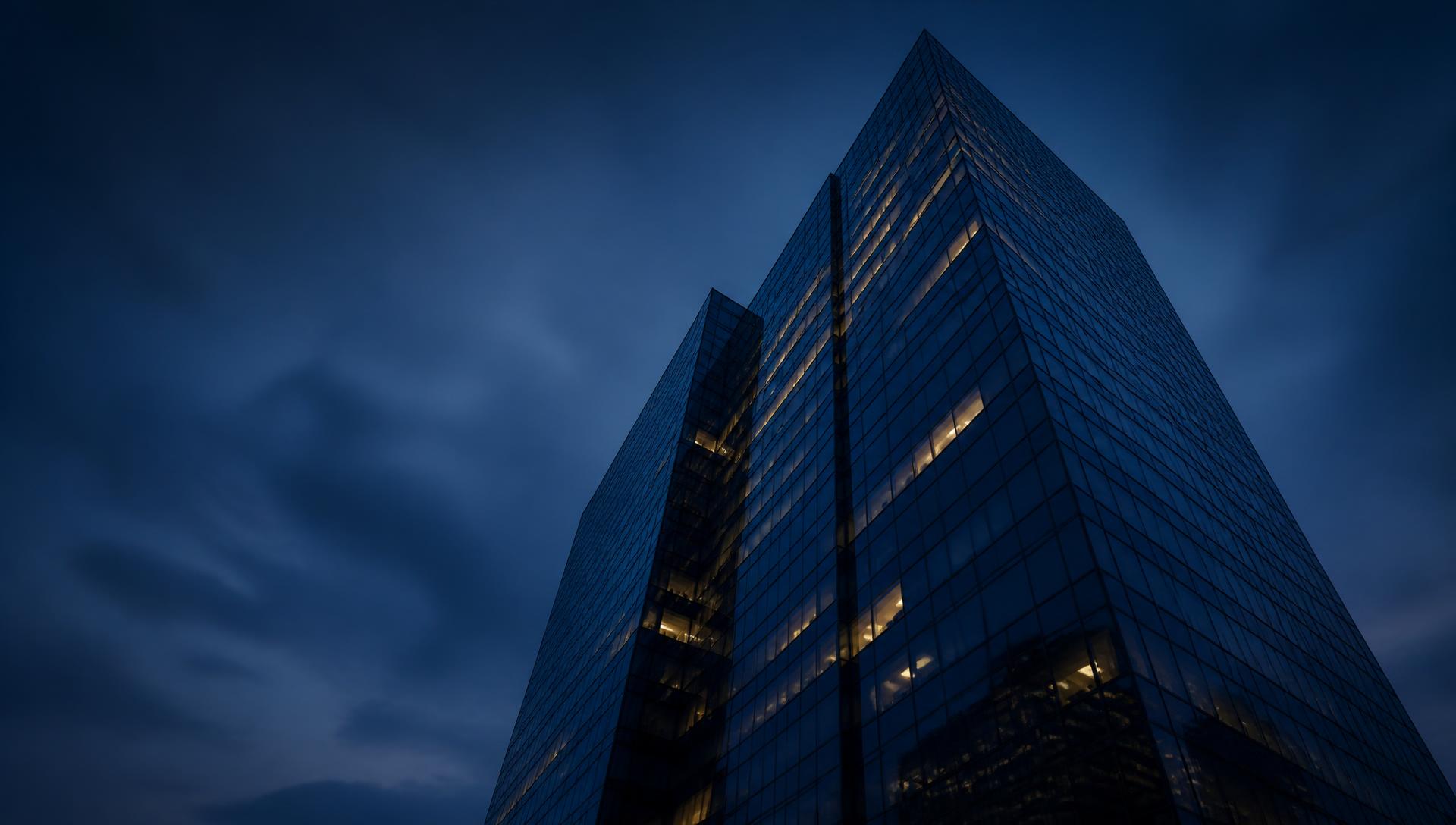 Modern glass office tower at dusk